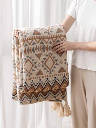 1 st geometriskt mönsterfilt, stickad rektangulär filt i nordisk stil polyesterfiber, lämplig för hem, kontor, tupplur