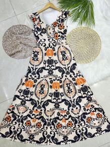 Long Dress PRINTED With Lining In CREPE Fabric, Beautiful And Fashionable - Black - View 1