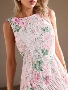 Simplee 女士优雅印花水溶蕾丝长裙，适合婚礼宾客、派对等场合，尽显高贵复古风情 - 粉色 - 查看 3