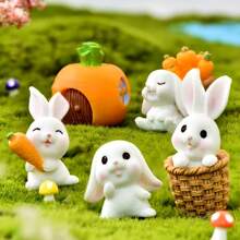 4pcs Micro Landscape Cartoon Cute Animal Rabbit, Carrot, Rabbit Basket, Small House Resin Accessories - Desktop Decor, Easter Decorations, Party Decor