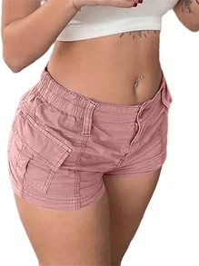 Women Cargo Shorts Solid Color Vintage Elastic Casual Summer Low Waist Shorts With Pockets For Club Streetwear - 粉色 - 查看 3