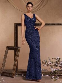 Elisanya Elegante vestido de noche de lujo con cola de sirena y escote en V con lentejuelas, vestido formal de alta calidad con estiramiento para banquete, boda, fiesta, vestido de madre de la novia (muy adornado), para invitados de boda