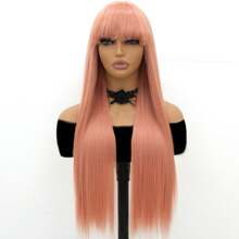 200% Density 26 Inch Light Pink Bangs Straight Wigs Pink Silky Straight Heat Resistant Hair Wig For Women Orange Pink Straight Synthetic Fiber Glueless Colored Hair Wig For Daily Party Cosplay Halloween 26 Inches - 粉色 - 查看 2