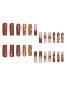1 盒（24 件）柔软时尚的法式水波纹棕色 3D 花卉条纹金线设计假指甲，可拆卸人造指甲片适合所有女孩和女士，带指甲锉配件按压指甲美甲用品指甲 - 摩卡棕 - 查看 4
