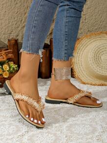 2025 Summer New Woven Pearl Decor Flip Flops Thong Sandals - Apricot - View 5