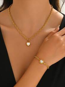 1 件简约锆石心形项链，不锈钢金色项链，适合女士 - 愛心鋯石 - 查看 5