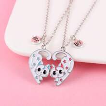 2Pcs/Set Cute Heart-Shaped Stitching Cartoon Cat Best Friend Necklace BFF Friendship Jewelry Gifts For Girls - Blue and Red Cat Necklace - View 3
