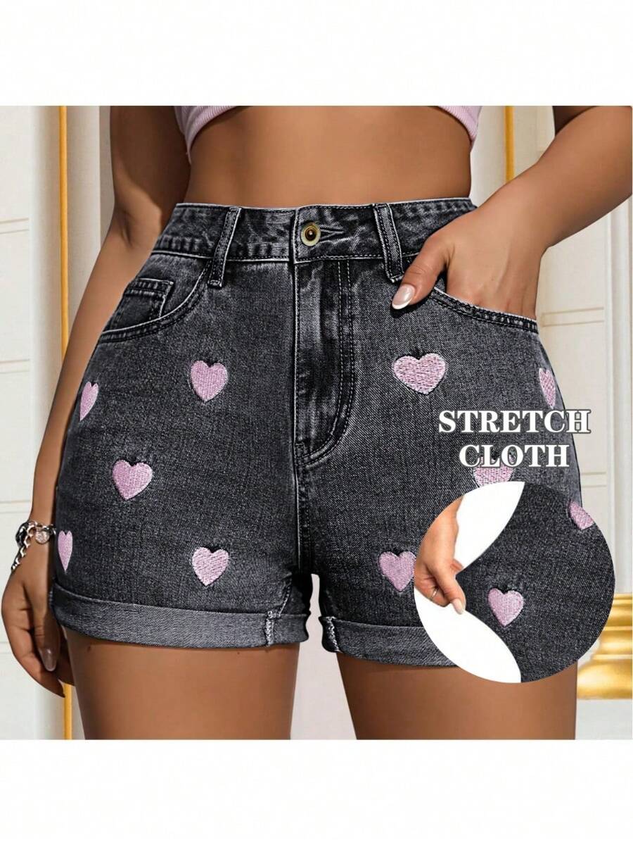 Women's High Waist Heart Embroidered Denim Shorts, Rolled Hem, Cute & Versatile, Suitable For School, Vacation, Festivals, Spring/Summer, Dance Parties - Black - View 1