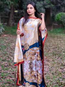 1 套女士新款仿丝条纹花卉印花海滩度假比基尼罩衫和头巾，非常适合旅行和日常使用 - 长袍、头巾