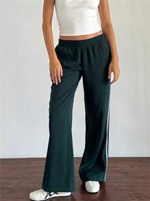 Women Summer Side Striped Pants Elastic Waist Straight Leg Long Trousers Casual Sweatpants Daily Streetwear - Green - View 1