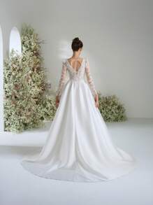 Elasola Glamorous Square Neck Beaded Lace Floral Lace Patchwork Satin Split Thigh Garden Party Sheer Long Sleeve Palace Style Wedding Dresses For Bride With Train