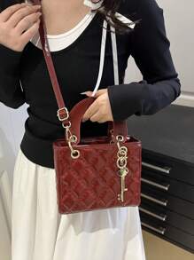 春夏新款女士手提包，太妃糖色，复古菱形图案迷你托特包，方形，拉链封口，可调节长肩带，小容量轻便斜挎包，母亲节最佳礼物 - 酒紅色 - 查看 3