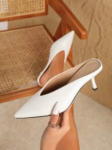 秋冬女士V形尖头拖鞋/高跟鞋，时尚高跟鞋，白色高跟鞋，白色西装高跟鞋，白色凉鞋，女士高跟凉鞋，白色婚鞋，性感派对鞋，夏季鞋履，优雅 - 白色 - 查看 3