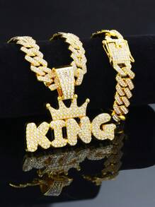 2pcs Men's Hip Hop Style King Letter Pendant Necklace Simple Design Rock Band Jewelry For Men - Set - View 5