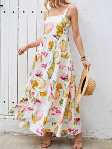 水果阳光海滩度假休闲随机印花喇叭长款吊带连衣裙，波西米亚风格夏季连衣裙