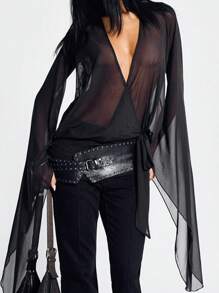 Women Mini Dress, Long Sleeve V Neck Backless Solid Color Sheer Dress Cocktail Dress - Black - View 1