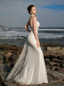 Summer Luxurious Floral Lace Beaded Embroidery Halter Deep V-Neck Sequin Backless Bohemian Wedding Dress For Bride - White - View 6