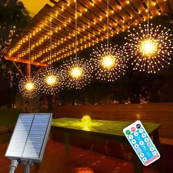 1 Set Of 4 Pieces, Hanging Solar Fireworks, 8-Mode Remote Control Fairy Decorative Lights, Eaves Garden Trees Christmas Decorative Lights - Solar Power Supply With Remote Control Multiple Modes