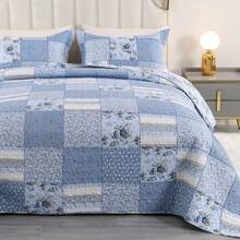 Queen Size Blue Patchwork Quilt Set, Quilted Coverlet, Reversible, Lightweight, With 2 Pillow Shams, For All Seasons - 藍色花格子 - 查看 1