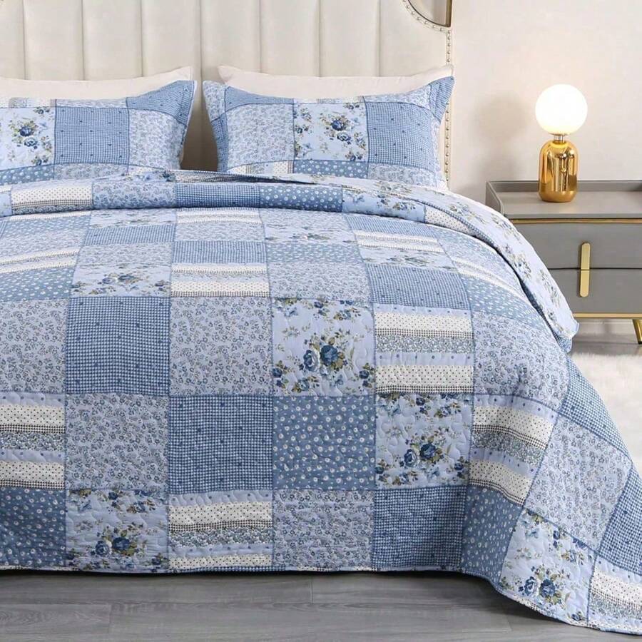 Queen Size Blue Patchwork Quilt Set, Quilted Coverlet, Reversible, Lightweight, With 2 Pillow Shams, For All Seasons - 藍色花格子 - 查看 1