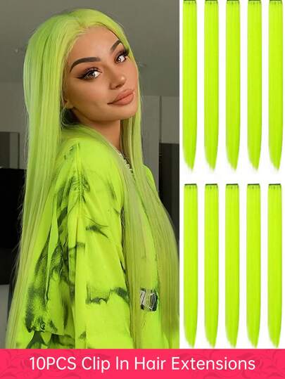 10片荧光绿夹式接发片，适合女性 - 日常佩戴、派对、角色扮演、万圣节等 - 直发接发片，荧光色 - Y2K风格，公主派对彩色直发接发片，夹式假发，适合女孩，22英寸