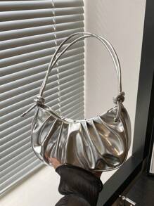 时尚纯色金色云褶 PU 女士手提包简约甜美风格单肩包、斜挎包。适合购物、钱包、学生、年轻女性、办公室女性。非常适合办公室、大学、工作、商务、通勤、户外活动、旅行和野餐。