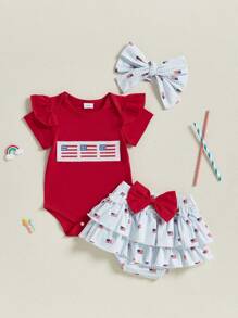 Conjunto de 3 piezas para niña bebé del 4 de julio: mameluco de manga corta, pantalones cortos con volantes y estampado de bandera estadounidense, diadema - Rojo - Ver 6