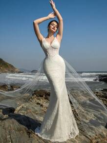 HEARBOBO 迷人高贵夏季白色蕾丝网眼性感 V 领毕业正式长礼服，新娘紧身胸衣美人鱼婚纱