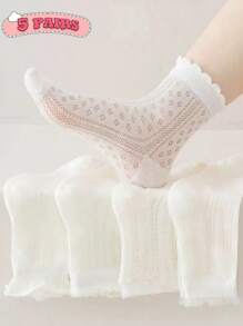 5 双儿童薄款蕾丝边中筒袜，女童白色透气网眼袜，春夏