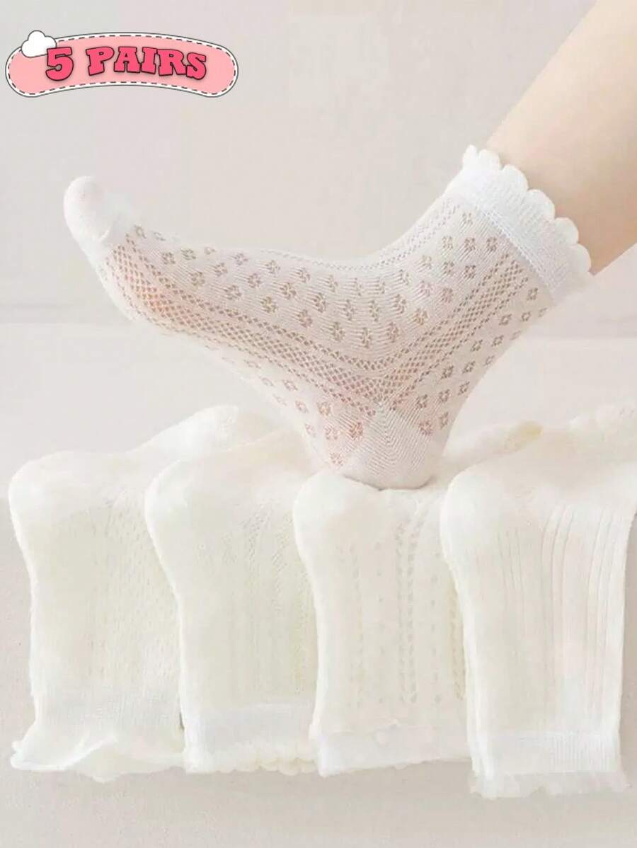 5 双儿童薄款蕾丝边中筒袜，女童白色透气网眼袜，春夏