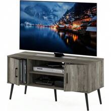 Meuble TV de style milieu de siècle avec pieds en bois pour téléviseurs jusqu'à 50 pouces, deux armoires, conception technique, deux armoires