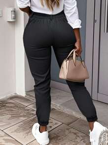 Pantalones de unicolor de corte slim para mujer de talla grande, cómodos y casuales para uso diario, viajes y paseos - Negro - Ver 2