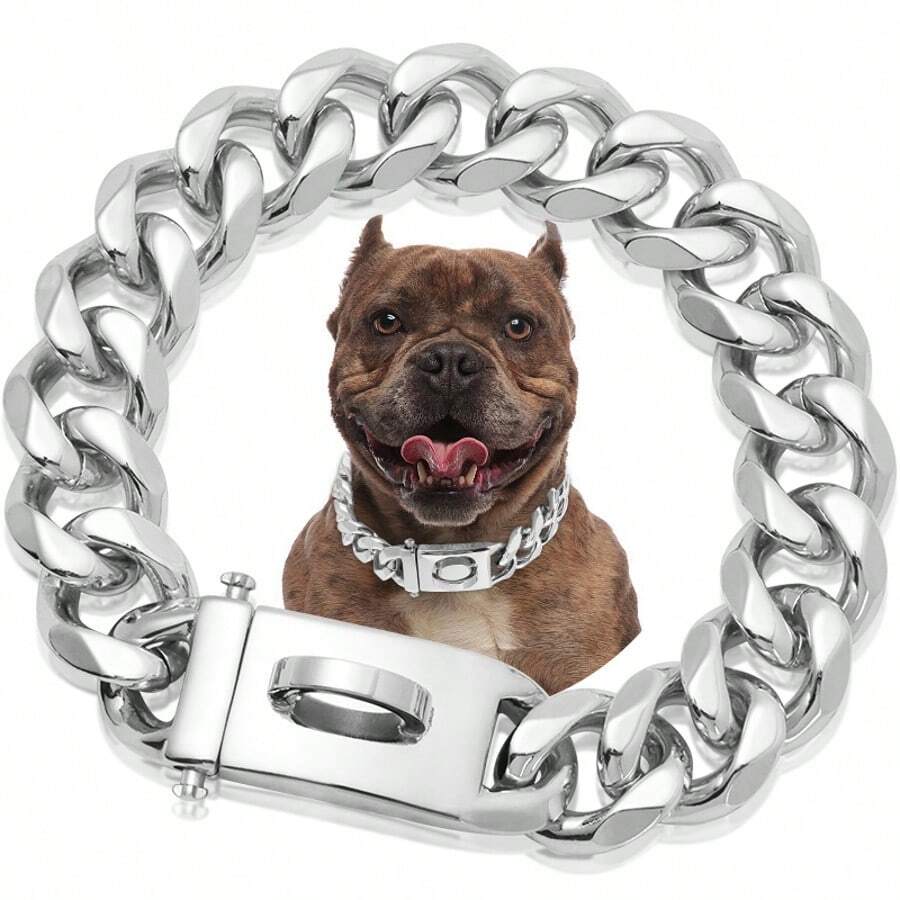 Strong Stainless Steel Dog Collar Choke With Buckle Lock Golden Cuban Link Chain Training Collar For Pets Metal Necklace