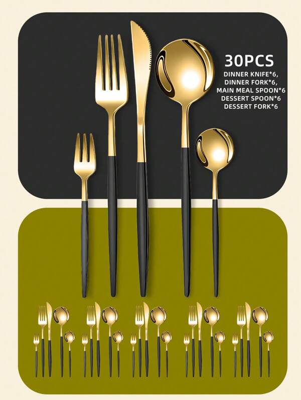 Elegant Stainless Steel Tableware Set, 5/20/30pcs - Western Cutlery Set Includes Dining Knives, Table Forks, Dining Spoons, Teaspoons, Dessert Forks, Forks For Salad/Appetizers/Dessert, And Mini Spoons For Coffee/Tea/Dessert/Cake/Stirring/Fruit/Ice Cream, Perfect For Restaurant, Hotel, Wedding, Festival Gifts, Kitchen, Christmas Gift - Dishwasher Safe, Kitchen Supplies,School Supplies