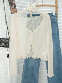 Apricot Lace Trim V-Neck Ruffle Edge Sheer Knit Thin Cover Up Sweater, Lightweight Outerwear Suitable For Home, Commute, Outdoor Wear, Autumn/Winter