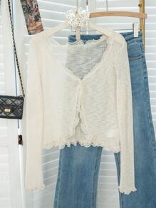 Women's Blue Lace Trim V-Neck Cover Up, Cute Back To School Summer Shawl Lightweight Outerwear