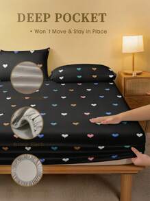 2/3 件套黑色赫特形状图案床笠套件（无填充物），卧室床笠套件，拉绒超细纤维透气舒适 1 件床笠 + 1/2 件枕套（无填充物），背面学校床上用品宿舍床上用品套件 - 彩色 - 查看 5