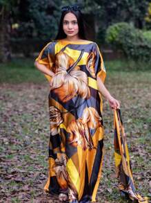 1 套女士新款仿丝条纹花卉印花海滩度假比基尼罩衫和头巾，非常适合旅行和日常使用 - 长袍、头巾