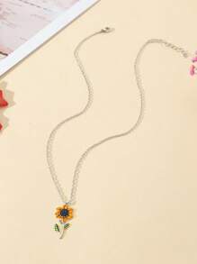 Goodwaro 1pc Delicate Rhinestone Inlaid Choker Necklace, Sunflower & Blessing Pendant, Women