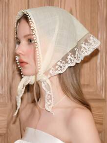 1pc White Lace French Style Triangular Headscarf, Sweet Girly Vintage Vibe Versatile Scarf, Suitable For Summer Vacation Photo Shoot Decoration