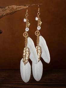 1 Pair Retro Wooden Bead & Feather Dangle Earrings, Boho Style Gold Leaf Long Earrings For Women, Holiday Gift - Natural Feathers - View 14