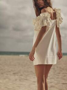 Women's Summer Swing Mini Dress, Ruffle Short Sleeve Square Neck Loose Boho Maxi Dresses Sundress - 白色 - 查看 4