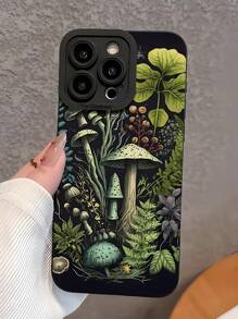 1pc Black Mushroom World Pattern Full Cover Phone Case, Compatible With Apple IPhone 16, 15, 14, 13, 12, 11 Pro Max, Also Fit For Series