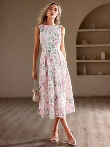 Simplee 女士优雅印花水溶蕾丝长裙，适合婚礼宾客、派对等场合，尽显高贵复古风情 - 粉色 - 查看 5
