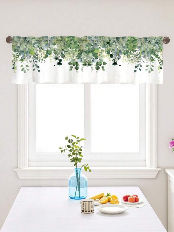 1pc Spring Green Eucalyptus Leaves Valances Watercolor Plants Rod Pocket Short Curtains 54.3*17.7 Inches Kitchen Bathroom Living Room Bedroom Window Treatments Decoration Supplies Soft And Durable