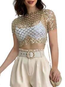 Women's Beaded Crop Tops Round Neck Short Sleeve See Through Sparkle Short Tops For Summer - Gold - View 2