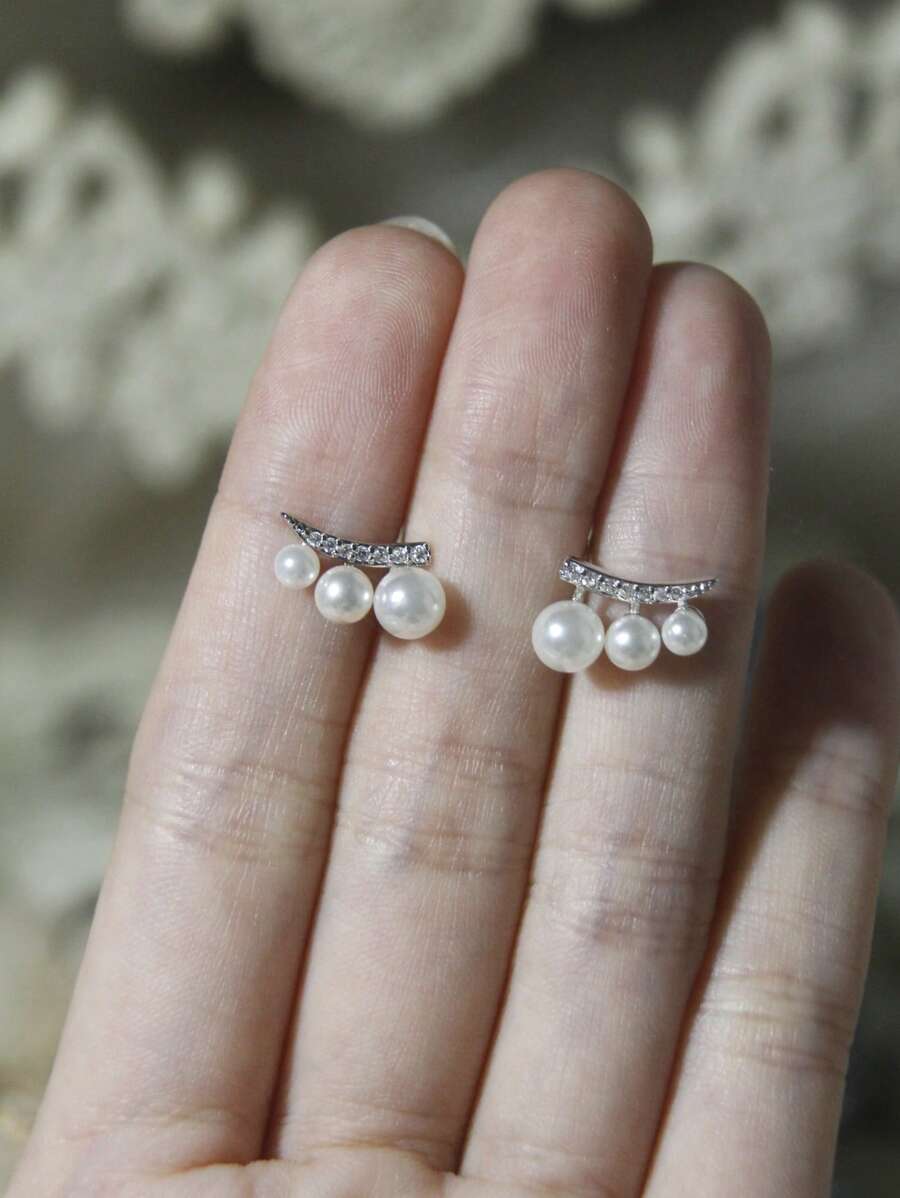 Maisielin 优雅奢华纯银耳环，非常适合婚礼、周年纪念、生日、情人节礼物 - 大钻石耳环，S925 纯银镶嵌珍珠和方晶锆石，纯银无电镀，防过敏 - 耳環 - 查看 1