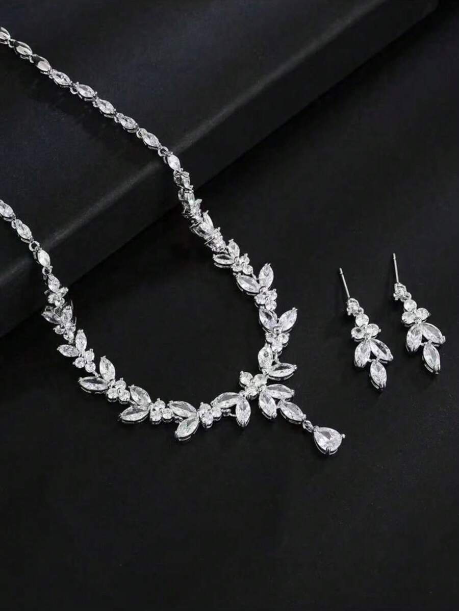 2 件/套奢华女士银色项链和耳钉，带锆石，适合派对、婚礼、礼物