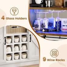 47"Farmhouse Wine Cabinet With 2 Glass Hooks And 9 Wine Racks, Coffee Bar Cabinet With Sliding Barn Door, Buffet Cabinet With LED Light, White/Wash Gray/Dark Oak