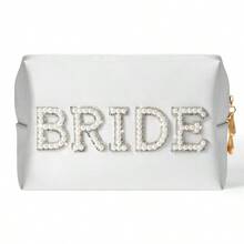 Popular Bride Pearl Letter "BRIDE MRS" Cosmetic Bag, High-Quality Portable Makeup Organizer - White - View 3